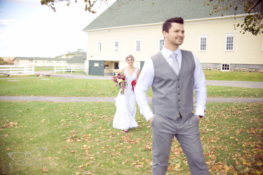 bride + groom first look laudholm farms, maine wedding